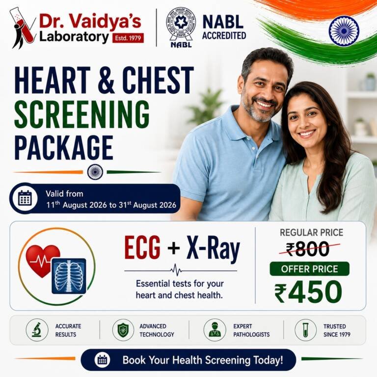 Banner advertising Dr. Vaidya's Heart & Chest Screening Package with ECG + X‑Ray, offer price ₹450, valid Aug 11–31, 2026.