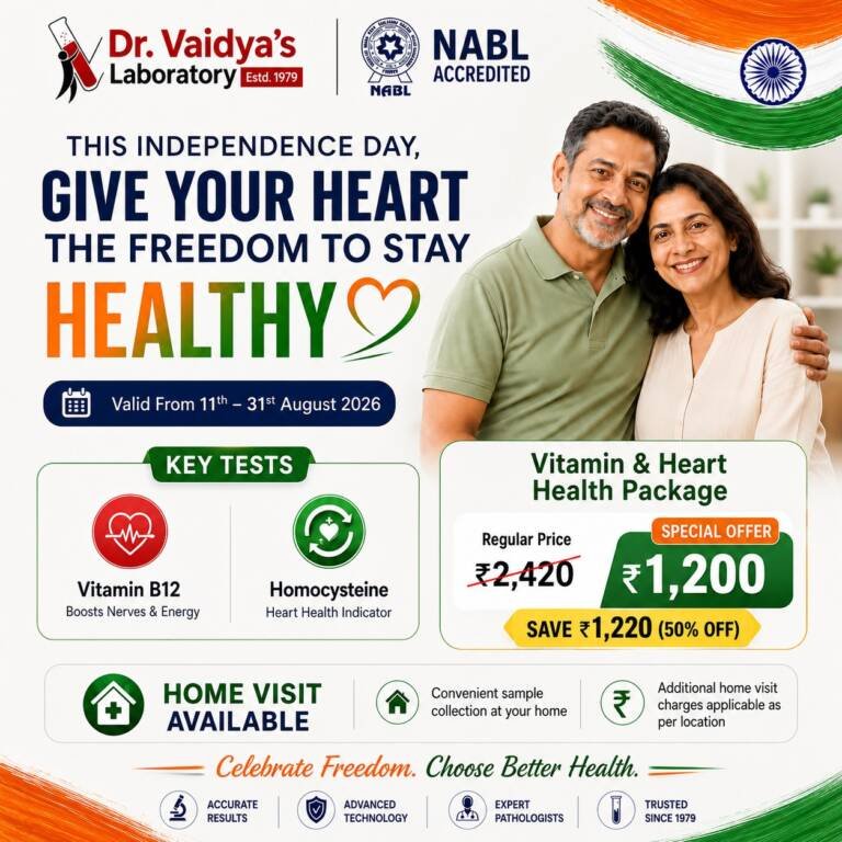 Independence Day health promo for Dr. Vaidya’s Lab with family photo, headline about heart health and a special offer for Vitamin B12 and homocysteine tests (₹1,200) with home visits available.